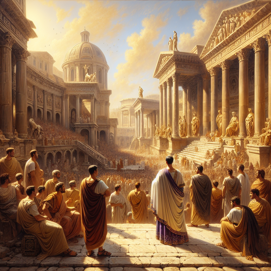 A Roman senator in white and purple toga stands on marble steps in a bustling Roman forum surrounded by citizens and soldiers under bright warm daylight, styled like a 1960s historical epic painting.