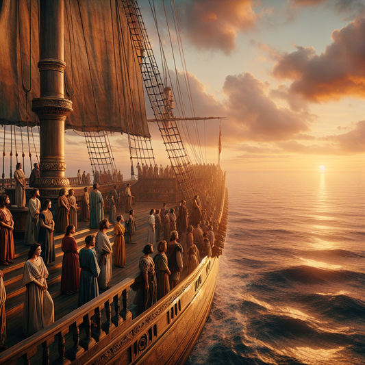 Passengers in Roman attire on an ancient-style ship deck gazing at a sunset over a serene ocean, painted in a 1960s historical epic style.