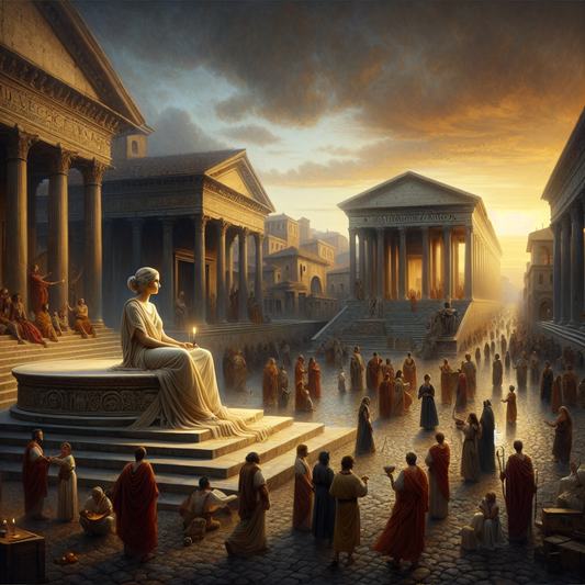 Roman woman standing serenely in a busy ancient Roman forum at dusk, surrounded by bustling citizens and subtle Stoic symbols, in the style of 1960s historical epics.