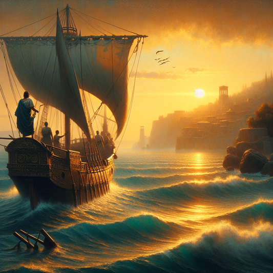 A lone Roman ship adjusting its sails on a calm sea at sunrise by an ancient Mediterranean harbor, inspired by Stoic philosophy and depicted in a 1960s historical epic painting style.