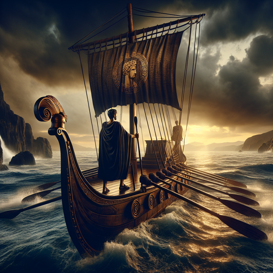 A calm Roman ship captain steers a sturdy trireme through stormy seas at dusk, with ancient Greek philosophical symbols subtly appearing in the dramatic sky, in the style of a 1960s historical epic painting.