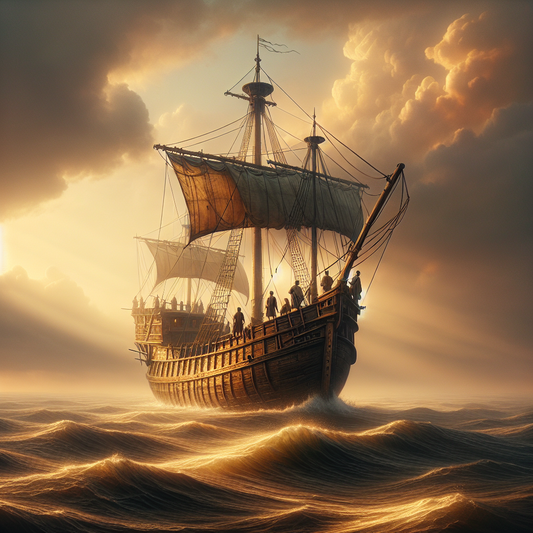 A small sturdy Roman ship calmly sailing across a gentle sea at sunrise, bathed in warm golden light, symbolizing resilience and mindful navigation inspired by Stoic philosophy.