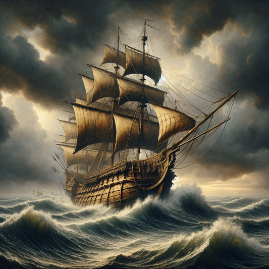 An ancient Roman ship with torn sails battles a violent storm at sea under dark clouds, symbolizing the turbulent Crisis of the Third Century, painted in a cinematic 1960s historical epic style.