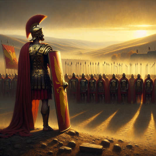 Disciplined Roman soldier in full armor standing on a dawn battlefield, surrounded by legionaries in formation, inspired by classic 1960s Roman historical epics.