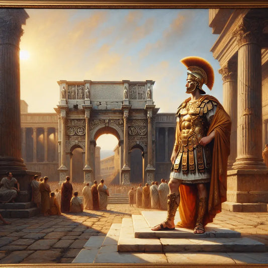 Ancient Roman soldier wearing a golden laurel wreath crown standing proudly in the Roman Forum with historic arches and temples in the bright daylight background.