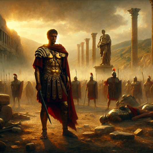 A calm Roman soldier stands confidently on a chaotic ancient battlefield, surrounded by symbolic marble statues of stoicism, under warm daylight in the style of 1960s historical epics.