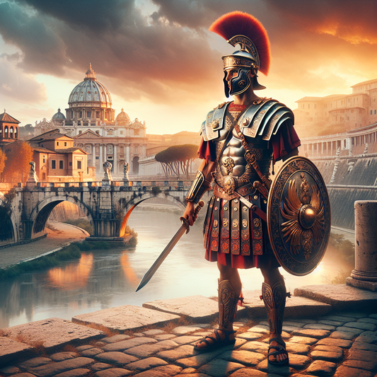 Ancient Roman soldier in lorica segmentata armor and red plume helmet holding sword and shield, standing by the Tiber River with Roman architecture in warm sunset light.