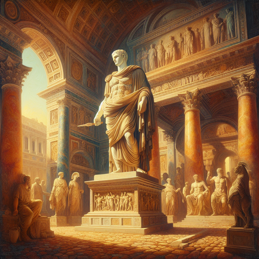 A detailed marble statue of Emperor Tiberius stands prominently with ancient Roman architectural ruins in the background, styled like a 1960s historical epic painting.