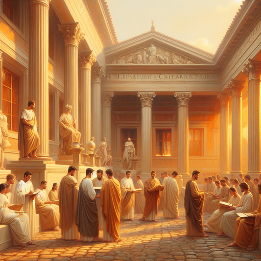 Roman philosophers in togas gathered in a warm-lit ancient forum, subtly holding glowing laptop and smartphone screens, surrounded by laurel wreaths and Roman scales symbolizing stoic wisdom and balance, in a 1960s epic painting style.