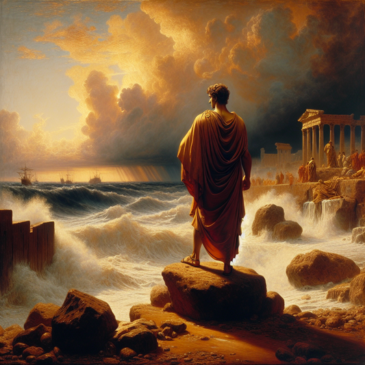 A Roman figure in a toga stands calmly on rocky shore facing a stormy sea under dramatic skies, symbolizing Stoic emotional resilience, in a cinematic 1960s epic painting style.