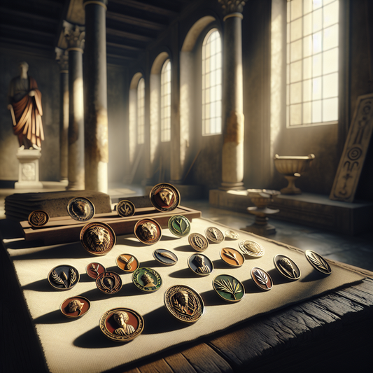 Elegant Roman-style enamel pins symbolizing Christian Stoic virtues displayed on a stone tabletop with softly lit ancient workshop background.