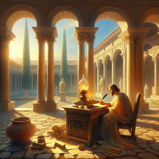 A Roman philosopher sits calmly in a sunlit villa courtyard journaling on parchment, surrounded by ancient scrolls and laurel wreaths, evoking a peaceful Stoic meditation scene in classical Rome.