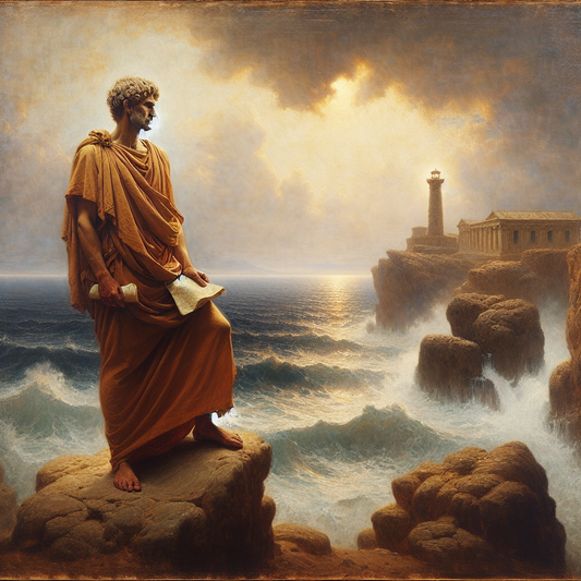 Roman philosopher in toga standing on a rocky cliff calmly facing a stormy sea with an ancient lighthouse in the distance, symbolizing Stoic resilience, painted in a 1960s historical epic style.