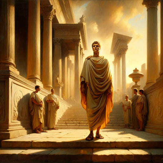 A serene Roman philosopher in classical toga stands calmly on marble stairs in an ancient Roman forum, embodying Stoic acceptance of fate with a soft light and classical architecture.