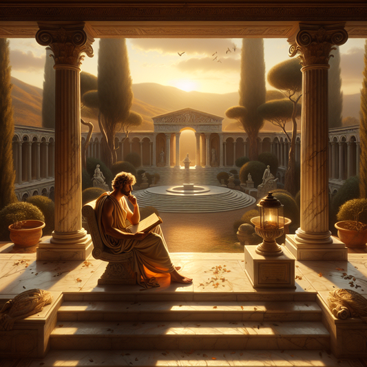 A Roman stoic philosopher sits peacefully on marble steps in a serene garden, contemplatively reflecting on death and nature, bathed in warm sunlight with classical Roman architecture in the background, in the style of 1960s historical epics.