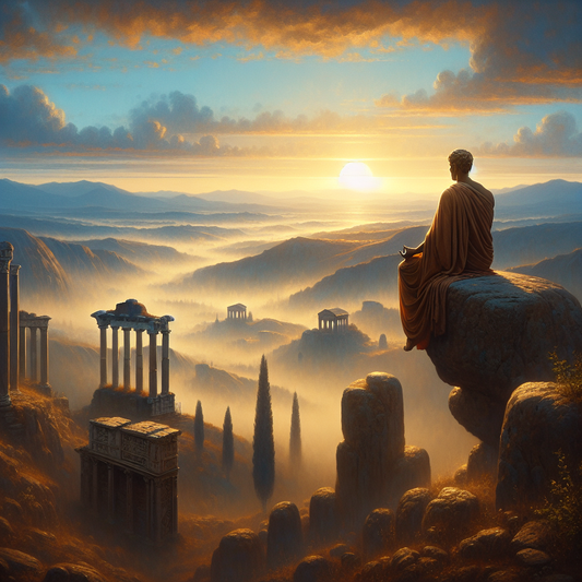 Roman philosopher meditating on a mountaintop at sunrise, overlooking an expansive Roman landscape with temples and hills, in the style of 1960s historical epics.