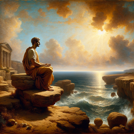 An ancient Roman stoic philosopher sitting peacefully on a rocky shore by a vast ocean under a dramatic sky, symbolizing calm and self-control, in a cinematic 1960s historical epic style.