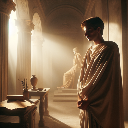 Portrait of a thoughtful person in a Roman toga, surrounded by classical stoic symbols and warm earth tones, reflecting emotional depth and human connections in a cinematic style.