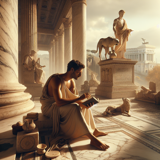 A quiet Roman in a toga reading Marcus Aurelius Meditations beside the ancient statue of Romulus and Remus with the Capitoline Wolf on Capitoline Hill, in a warm, painterly style inspired by 1960s Roman epics.