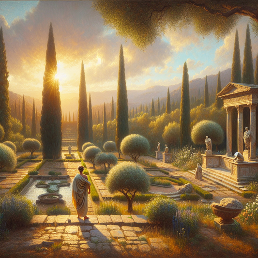 Serene Roman garden scene with a figure wearing a laurel wreath and toga, surrounded by natural elements and classical architecture symbolizing virtue and mindfulness in a cinematic style.