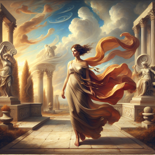 A serene Roman woman in a flowing stola stands calmly amid swirling winds and autumn leaves in a classical garden, illuminated by soft natural light, embodying Stoic inner peace.