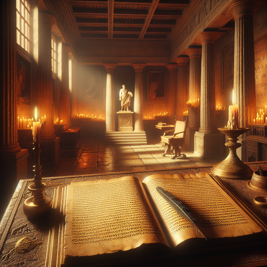 An ancient Roman study scene showing an open book of Cicero's speeches on a wooden desk with ink quill, softly lit by candlelight, and a faint silhouette of John Adams in the background evoking a scholarly atmosphere.