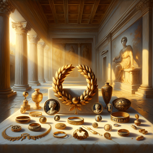 Elegant modern jewelry inspired by ancient Roman symbols including laurel wreaths, Roman coins, and Stoic motifs, displayed on a white marble surface with soft natural light.