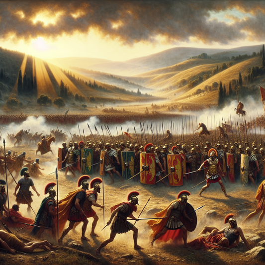 Roman legions in testudo formation advancing against fierce Celtic warriors on a wild battlefield, with banners and smoke creating dramatic tension, inspired by 1960s historical epics.