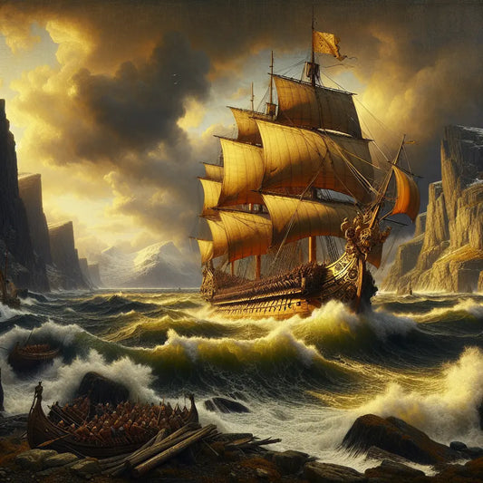 Majestic ancient Roman trireme battling stormy Norwegian Sea waves near a rocky Nordic coastline at dusk under dark storm clouds, painted in a cinematic historical epic style.
