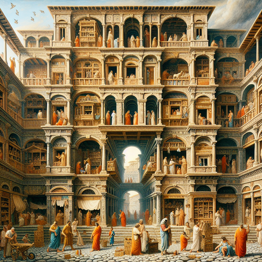 A vibrant ancient Roman street scene showing a multi-story insula apartment building with shops below and families above, illustrated in a warm, cinematic 1960s epic painting style.
