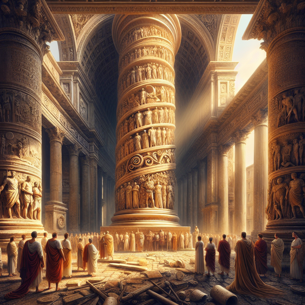 An ancient Roman victory column with spiraled carvings of battle and leadership scenes under a dramatic cloudy sky, surrounded by Roman soldiers and citizens in a classical forum setting, painted in the style of 1960s historical epics.
