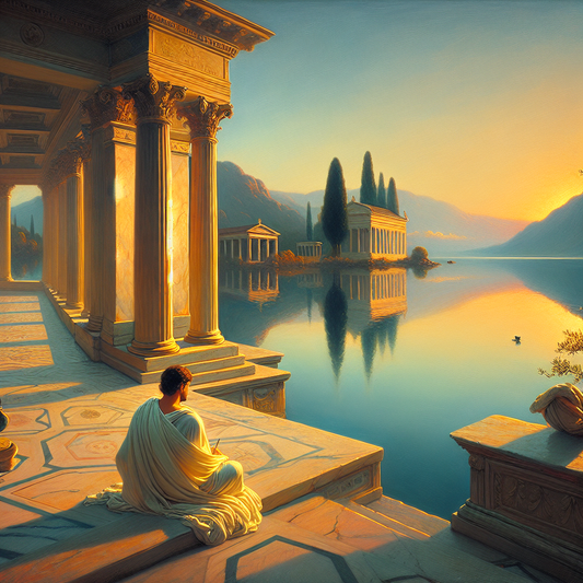 A serene Roman villa by Lake Minerva at dawn, with ripples reflecting a golden sunrise, and a philosopher meditating, in a style reminiscent of classic 1960s historical films.