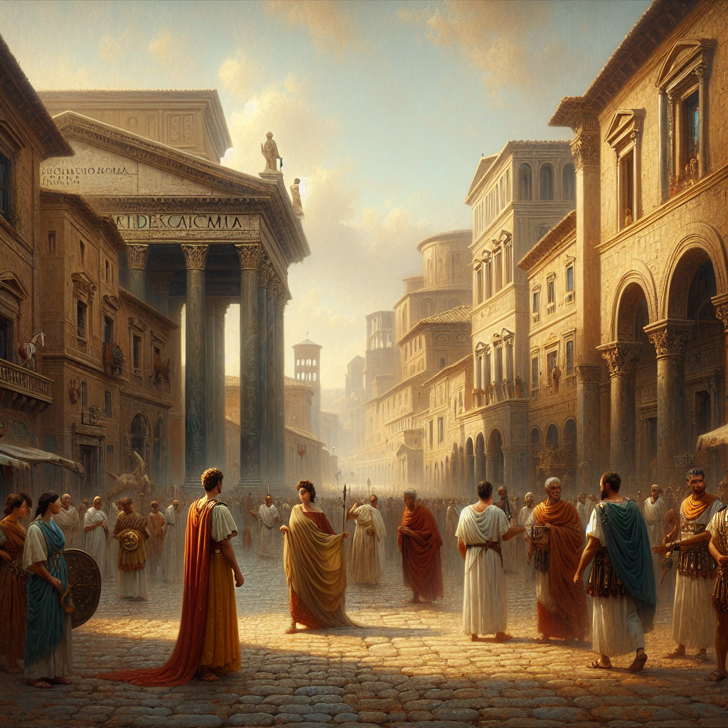 Roman woman in a stola and tunic standing in an ancient Roman street with men wearing togas, surrounded by classical Roman architecture in warm daylight, rendered in the style of 1960s historical epics.