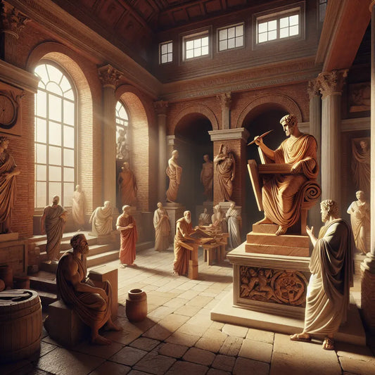 Detailed wooden sculpture with sharp edges symbolizing precision, in a Roman workshop with artisans admiring it, painted in a classic 1960s historical epic style.