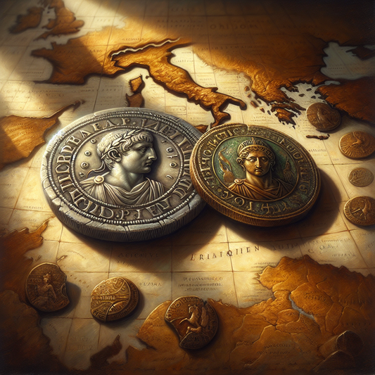 Close-up of an ancient Roman silver denarius and bronze sestertius on a detailed map of the Roman Empire, showcasing emperor engravings and mythological symbols in a classical painting style.