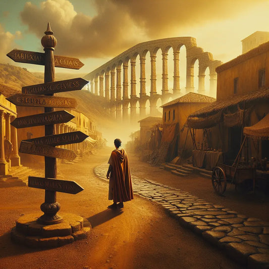 A Roman-era figure stands at a crossroads with signposts pointing to Spanish and German landmarks, set against a warm, sunlit ancient landscape with Roman architecture and cultural symbols.