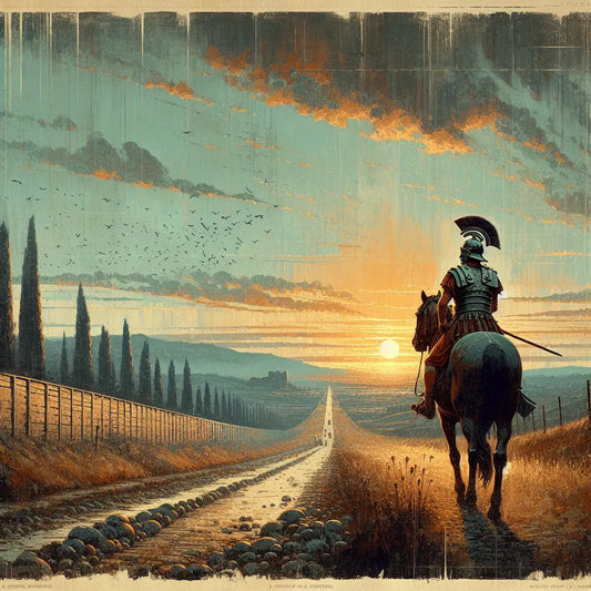 A rider wearing a classic half helmet reminiscent of Roman cavalry, traveling along a rolling countryside road at warm sunset light, blending historical freedom and cinematic epic style.