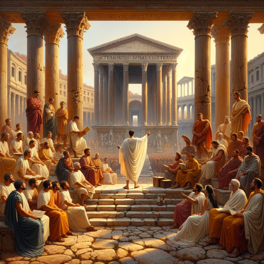 Roman senator addressing an assembly in the ancient Roman Forum, surrounded by marble columns and arches, depicted in a 1960s epic film painting style.