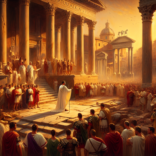Roman senator delivers speech in ancient Roman Forum, surrounded by soldiers and citizens, painted in a 1960s historical epic style.