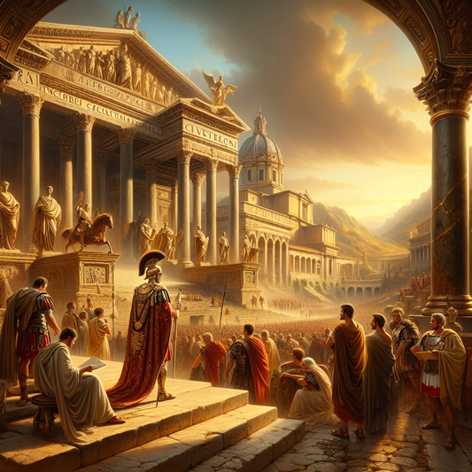 Heroic Roman general addressing senators and legionaries in the Roman Forum, surrounded by classical architecture under warm sunlight, in a 1960s epic film style.