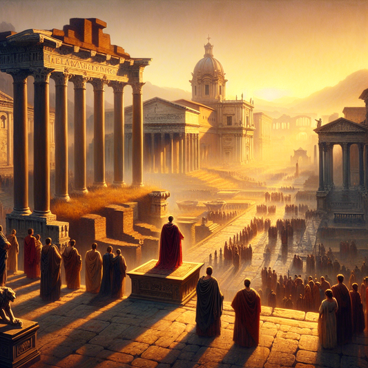 The Roman Forum at sunrise with Augustus overlooking the imperial architecture bathed in golden light, in the style of 1960s historical epics.