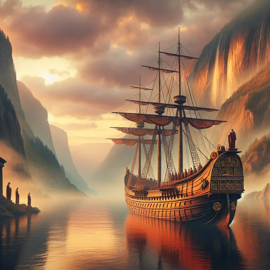 A majestic ship inspired by Roman design sails peacefully through misty Nordic fjords at sunset, surrounded by towering mountains and calm waters, in a theatrical painterly style.