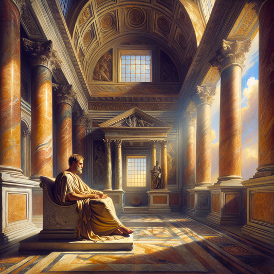 Ancient Roman philosopher in a sunlit stone chamber, clothed in a toga, contemplating with a scroll in hand under warm golden sunlight, painted in the style of 1960s historical epics.