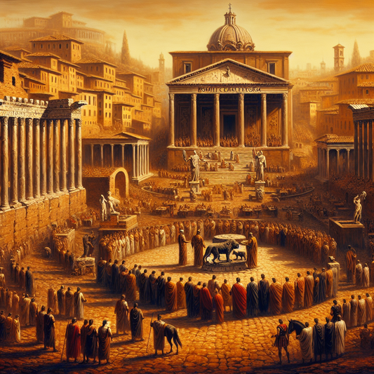 Cinematic painting of ancient Rome transitioning from kingdom to republic showing the she-wolf nursing Romulus and Remus, consuls in togas, and the Roman Senate in the iconic Forum under warm sunlight.