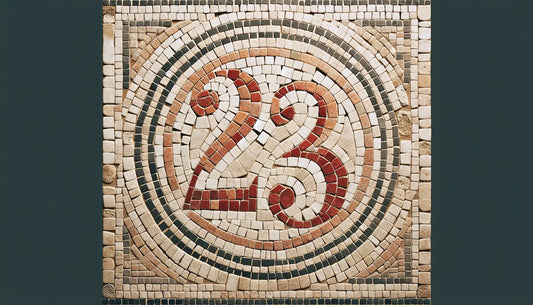 Hausnummer im Stil eines roemischen Mosaiks mit Ziegelrot auf hellem Stein