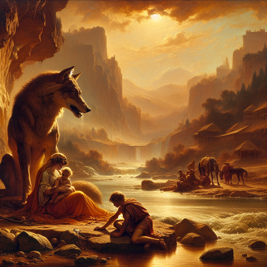 The she-wolf nurturing the infants Romulus and Remus by the Tiber River in a warm, dramatic Roman epic painting style.