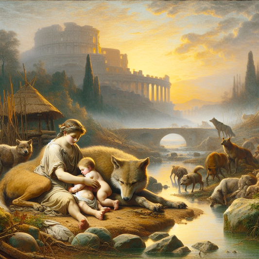 Majestic painting of Romulus and Remus suckled by a she-wolf on the Tiber Riverbank at dawn, with the early city of Rome visible in the misty background, in the style of 1960s Roman historical epics.