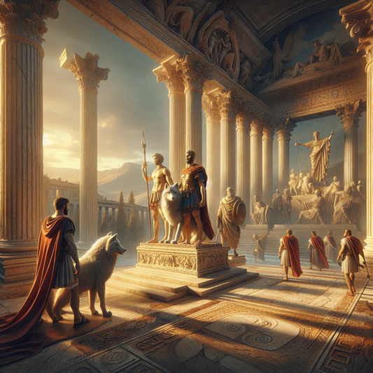 Romulus and Remus with the she-wolf under classical Roman columns, lit by warm sunlight, depicting early Roman Republic mythology and culture in a cinematic painting style.