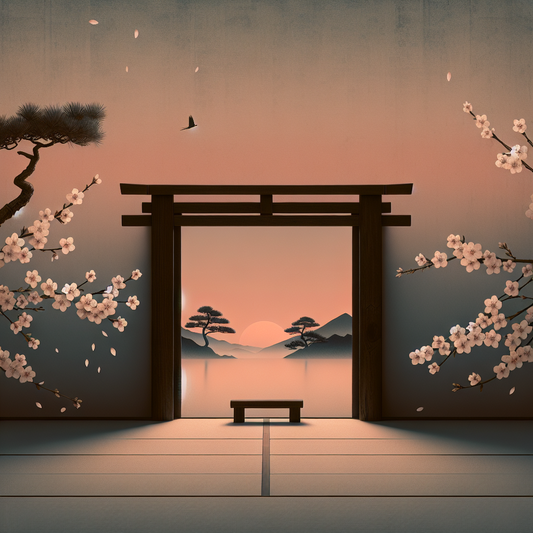 A serene minimalist Japanese scene with a wooden dojo gate and cherry blossoms at twilight, symbolizing quiet strength and traditional beauty.