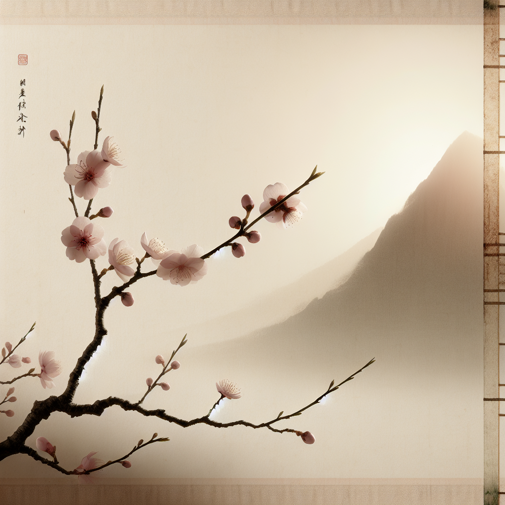 A delicate sakura branch with pink blossoms against a pale rice paper backdrop and a faint torii gate, evoking serene traditional Japanese beauty.